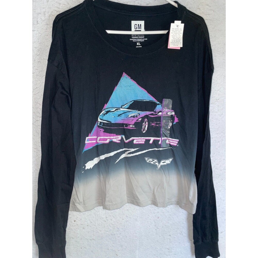 Official GM Womens Corvette Long Sleeve Cropped Graphic T-Shirt Black XL Cropped